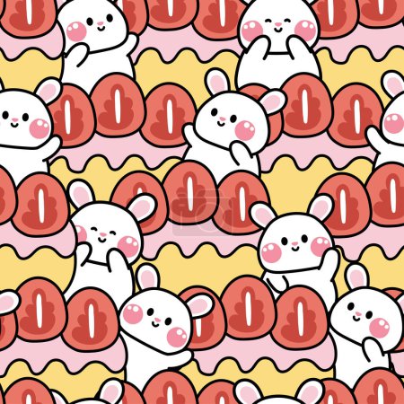 Illustration for Repeat.Seamless pattern of cute rabbit greeting with big strawberry bread background.Rodent animal character cartoon design.Fruit.Bakery.Image for card,poster,baby clothing.Kawaii.Vector.Illustration. - Royalty Free Image
