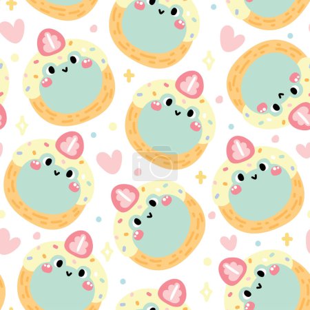Illustration for Seamless pattern of cute donut smile frog head with strawberry on white background.Reptile animal character cartoon design.Sweet.Dessert.Image for card,poster,baby clothing.Kawaii.Vector.Illustration. - Royalty Free Image
