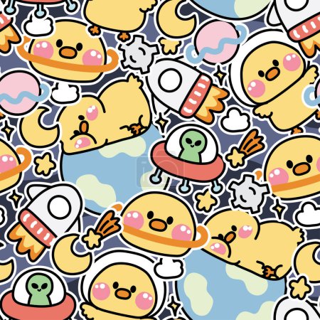 Illustration for Seamless pattern of cute chicken various poses sticker in space concept background.Farm animal character cartoon design.Planet,galaxy,moon,star,rocket,earth,alien drawn.Kawaii.Vector.Illustration - Royalty Free Image