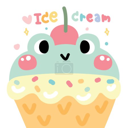 Illustration for Cute ice cream smile frog head with cherry on white background.Reptile animal character cartoon design.Sweet.Dessert.Kawaii.Vector.Illustration. - Royalty Free Image
