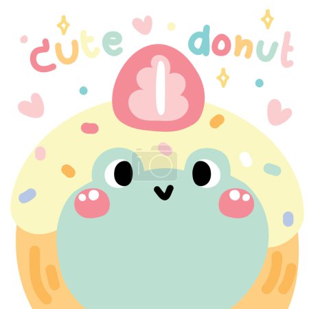 Illustration for Cute donut smile frog head with strawberry on white background.Reptile animal character cartoon design.Sweet.Dessert.Kawaii.Vector.Illustration. - Royalty Free Image