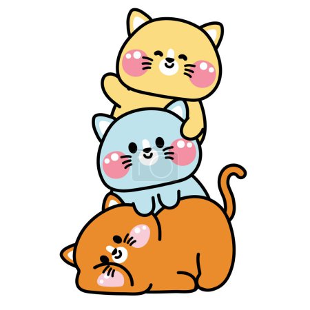 Illustration for Cute cat stay on top each other greeting.Pet animal character cartoon design.Image for card,poster,sticker,baby clothing,t shirt print screen.Relax.Lay.Meow lover.Kawaii.Vector.Illustration. - Royalty Free Image