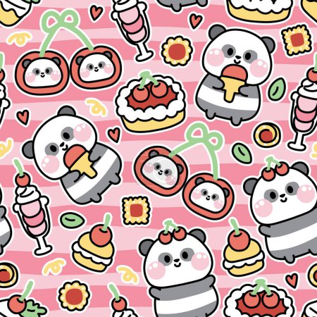 Illustration for Seamless pattern of cute panda bear various poses in cherry bakery background.Chinese wild animal character cartoon design.Ice cream,cake,cookies,pie,heart,fruit drawn.Kawaii.Vector. - Royalty Free Image