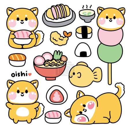 Set de lindo shiba inu dog varias poses en comida japonesa y postre concept.Pet animal carácter dibujos animados design.Sushi, ramen, tonkatsu, dango, taiyaki drawn.Kid grafic.Kawaii.Vector.Illustration.