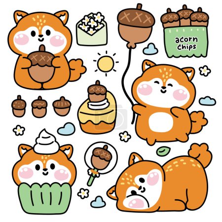 Illustration for Set of cute squirrel various poses in acorn concept.Rodent animal character cartoon design.Cupcake,fruit,flower,leaf,cake,snack,balloon,sun hand drawn.Kid graphic.Kawaii.Vector.Illustration. - Royalty Free Image