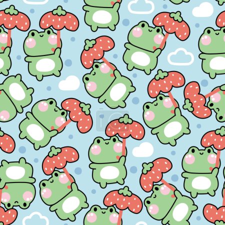 Illustration for Seamless pattern of cute frog hold strawberry umbrella on sky and cloud background.Reptile animal character cartoon design.Fruit.Rainy season.Kawaii.Vector.Illustration. - Royalty Free Image