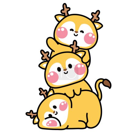 Illustration for Cute deer stay on top each other greeting.Wild animal character cartoon design.Image for card,poster,sticker,baby clothing,t shirt print screen.Relax.Lay.Kawaii.Vector.Illustration. - Royalty Free Image