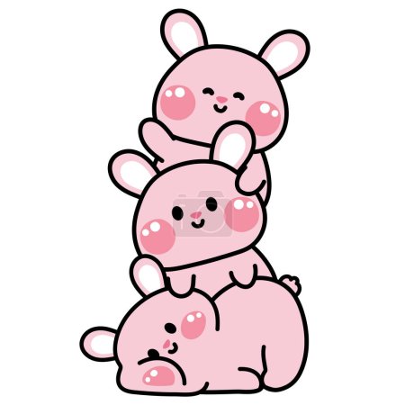 Illustration for Cute rabbit stay on top each other greeting.Rodent bunny animal character cartoon design.Image for card,poster,sticker,baby clothing,t shirt print screen.Relax.Lay.Kawaii.Vector.Illustration. - Royalty Free Image