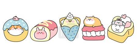 Set of cute fat animals in dessert and sweet concept.Cartoon.Cat and fish in donut.Rabbit in roll cake.Chicken crepe.Shiba inu dog on macaron.Dog ice cream honey toast.Kawaii.Vector.Illustration.