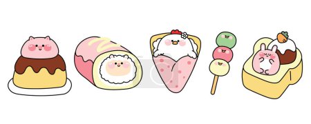 Illustration for Set of cute fat animals in dessert and sweet concept.Cartoon.Pig pudding.Sheep in roll cake.Hen in crepe.Chicken dango.Rabbit stay on ice cream honey toast.Kawaii.Vector.Illustration. - Royalty Free Image