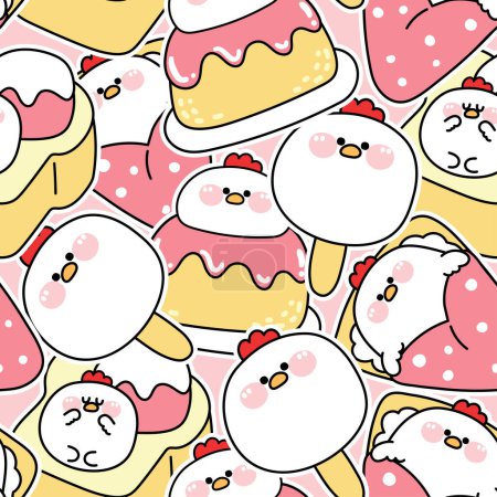 Illustration for Seamless pattern of cute fat hen sticker in dessert and sweet bakery concept background.Ice cream,crepe,pudding,honey toast.Farm animal character cartoon.Kawaii.Vector.Illustration. - Royalty Free Image