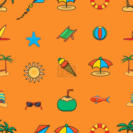 Téléchargez les illustrations : Éléments de plage d'été motif sans couture - en licence libre de droit