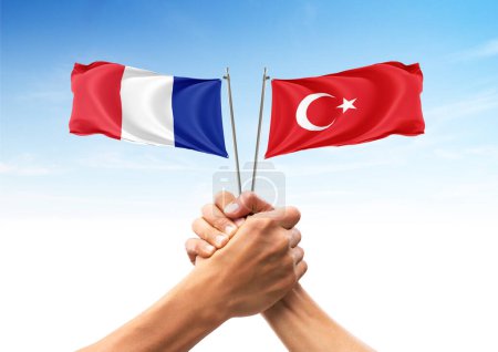 Téléchargez les photos : France Turkey Flags. Allies and friendly countries, unity, togetherness, handshake, helping - en image libre de droit