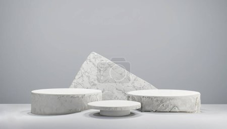 Produktdisplay aus weißem Marmor, weißes Podium und Podeste, 3D-Darstellung.