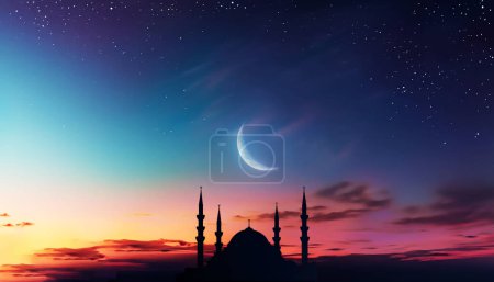 Moschee Sonnenuntergang Himmel, Mond, heilige Nacht, islamische Nacht und Silhouette Moschee, panaromische islamische Tapete