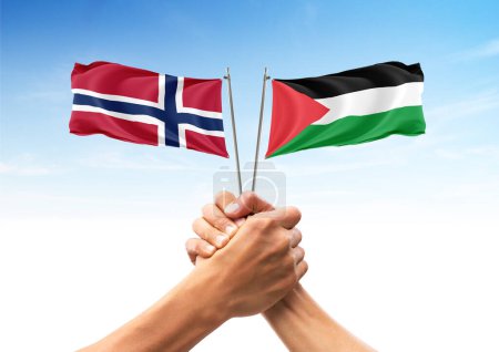 Flagge Norwegens und Palästinas, Verbündete und befreundete Länder, Einheit, Zusammenhalt, Händedruck, Unterstützung