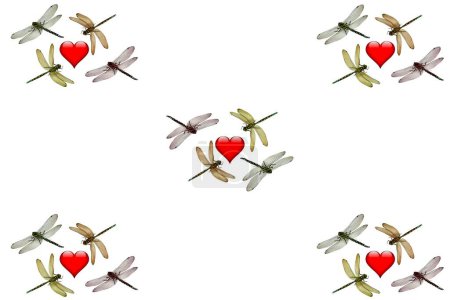 Téléchargez les photos : Une texture de papier peint d'un cœur avec une libellule entourer sur fond blanc. - en image libre de droit