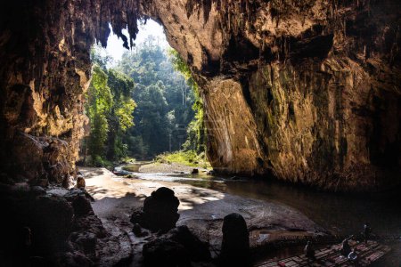 The scenic chamber with river in the Tham Nam Lod cave, popular tourist attraction in Mae Hong Son province, Thailand