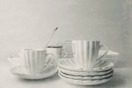 Foto de Tazas de café de cerámica blanca, fondo de textura grunge - Imagen libre de derechos