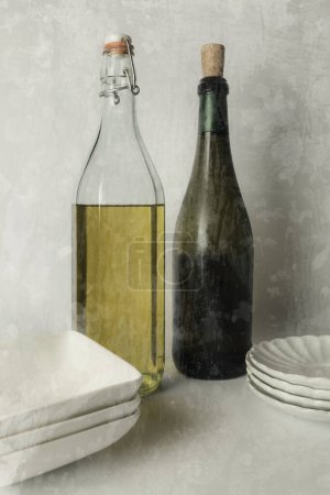 Photo for Retro kitchen, close-up of bottles and dishes on the table - Royalty Free Image