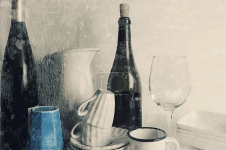Photo for Still life with crockery and bottles, grunge texture background - Royalty Free Image