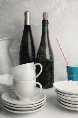 Photo for Various tableware and bottles of wine on the dinner table - Royalty Free Image