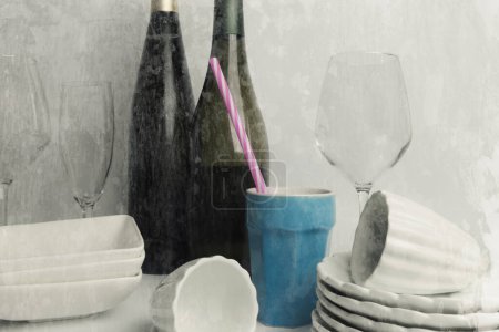 Téléchargez les photos : Diverses vaisselle et bouteilles de vin sur la table du dîner - en image libre de droit