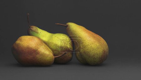 Foto de Bodegón con fruta de otoño, tres peras sobre fondo gris - Imagen libre de derechos