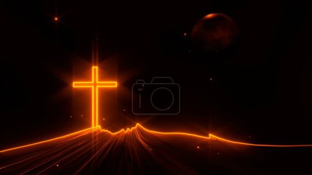 Téléchargez les photos : Croix chrétienne crucifix sur or brillant paysage de montagne illustration 4k - en image libre de droit