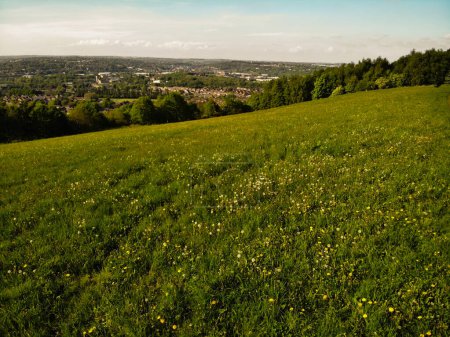 Summer meadow with Dewsbury town in England wide aerial drone shot selective focus
