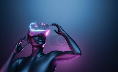 3d rendering of futuristic female character wearing headset of virtual reality in immersive word of Internet on dark neon glowing background