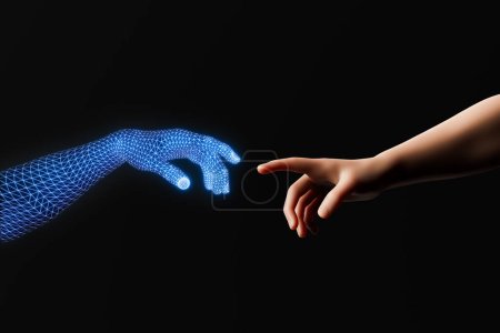Foto de Representación 3d de una mano digital de alambre luminoso acercándose a una mano humana sobre un fondo negro en concepto de gemelos digitales, inteligencia artificial y metáfora - Imagen libre de derechos