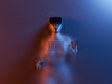 3d rendering of a futuristic female character with a virtual reality headset in the immersive world of the Internet on diffuse liquid and neon lighting