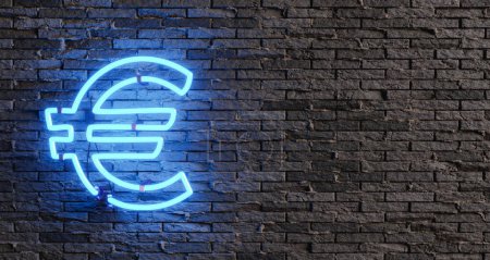 Téléchargez les photos : 3d rendu de couleur bleu vif néon signe avec symbole de monnaie euro sur le mur de briques - en image libre de droit