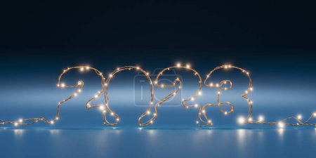 Téléchargez les photos : Illustration 3D de l'inscription de 2023 formée de lumières de fées brillantes lors de la célébration du Nouvel An sur fond bleu - en image libre de droit