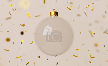 Téléchargez les photos : Illustration 3D de boule de verre transparent suspendue au milieu de confettis dorés tombants pendant la célébration de Noël sur fond beige - en image libre de droit
