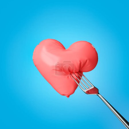 aufblasbares Herz mit einer Gabel, die es auf blauem Hintergrund stochert. Konzept der Liebe, Herzschmerz, Valentin, Geschenke, Essen und Zärtlichkeit. 3D-Darstellung