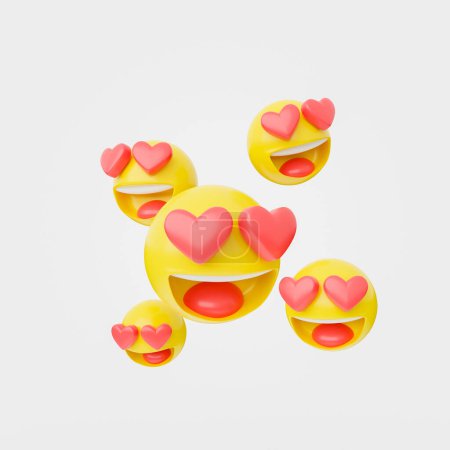 3D-Wiedergabe ähnlicher lächelnder Emojis mit herzförmigen Augen und geöffneten Mündern vor weißem Hintergrund