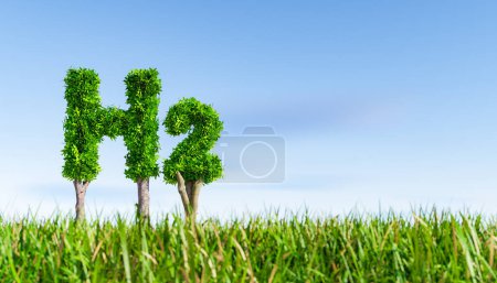 Photo for Verdant grass forming H2 signs placed on tree trunks in green countryside against cloudless blue sky in sunshine. 3d rendering - Royalty Free Image