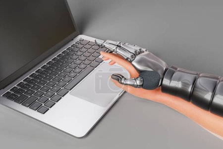 Téléchargez les photos : 3d rendu de la main humaine avec jumeau numérique de robot intelligence artificielle sur pavé tactile de netbook sur fond gris - en image libre de droit