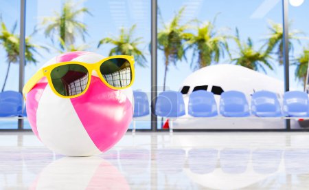Photo for 3D illustration of striped beach ball with sunglasses placed on airport floor against window with palm trees and plane - Royalty Free Image