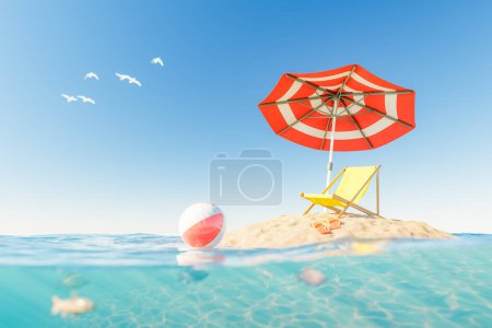 rendu 3d coloré de l'île de sable avec parapluie et chaise longue entourée par la mer ondulante