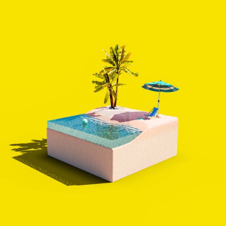 Foto de Representación 3D de la imagen de sombrilla y tumbona con árboles verdes colocados en la playa contra el mar en cubo contra el fondo amarillo - Imagen libre de derechos
