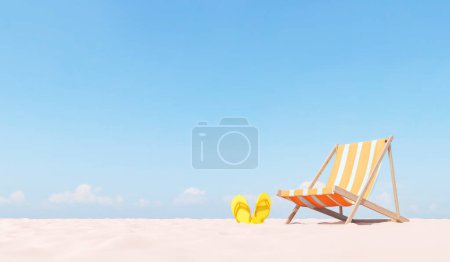 Photo for 3D render of empty sandy beach with slippers placed near striped folding beach chair under blue sky on sunny day - Royalty Free Image