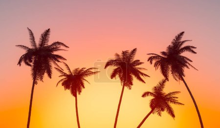 Foto de Representación 3D de bajo ángulo de siluetas de palmeras altas contra el cielo sin nubes brillante escénico puesta de sol - Imagen libre de derechos