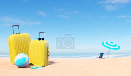 3D-Wiedergabe ähnlicher leuchtend gelber Koffer mit aufblasbarem Ball und Slip Flops, die an sonnigen Sommertagen am Sandstrand in der Nähe von Liegestuhl und Sonnenschirm unter blauem Himmel platziert wurden