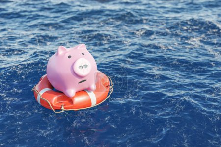 3D-Rendering-Illustration von oben rosa Sparschwein schwimmt auf Rettungsring auf plätscherndem blauem Wasser des Meeres