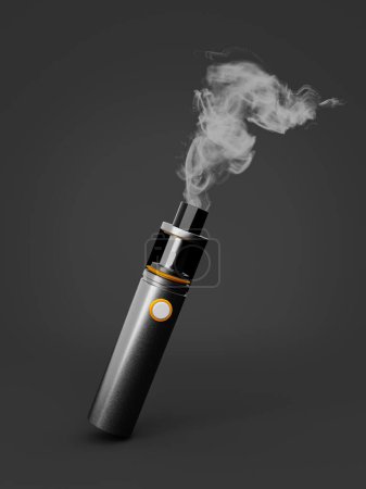 3D rendering of modern electronic cigarette with vapor placed in studio against gray background