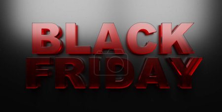 Téléchargez les photos : 3d rendu Black Friday vente illustration de grandes lettres formes de verre mat rouge illuminé de lumière sur fond sombre - en image libre de droit