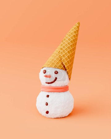 Téléchargez les photos : Bonhomme de neige avec chapeau de cône de crème glacée et visage dessiné avec du sirop de chocolat sur fond orange isolé. concept de froid, hiver et Noël. Rendu 3d - en image libre de droit